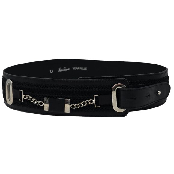 Luisa Spagnoli Black Leather Cinch Belt with Braided and Chain Detailing - Picture 1 of 13